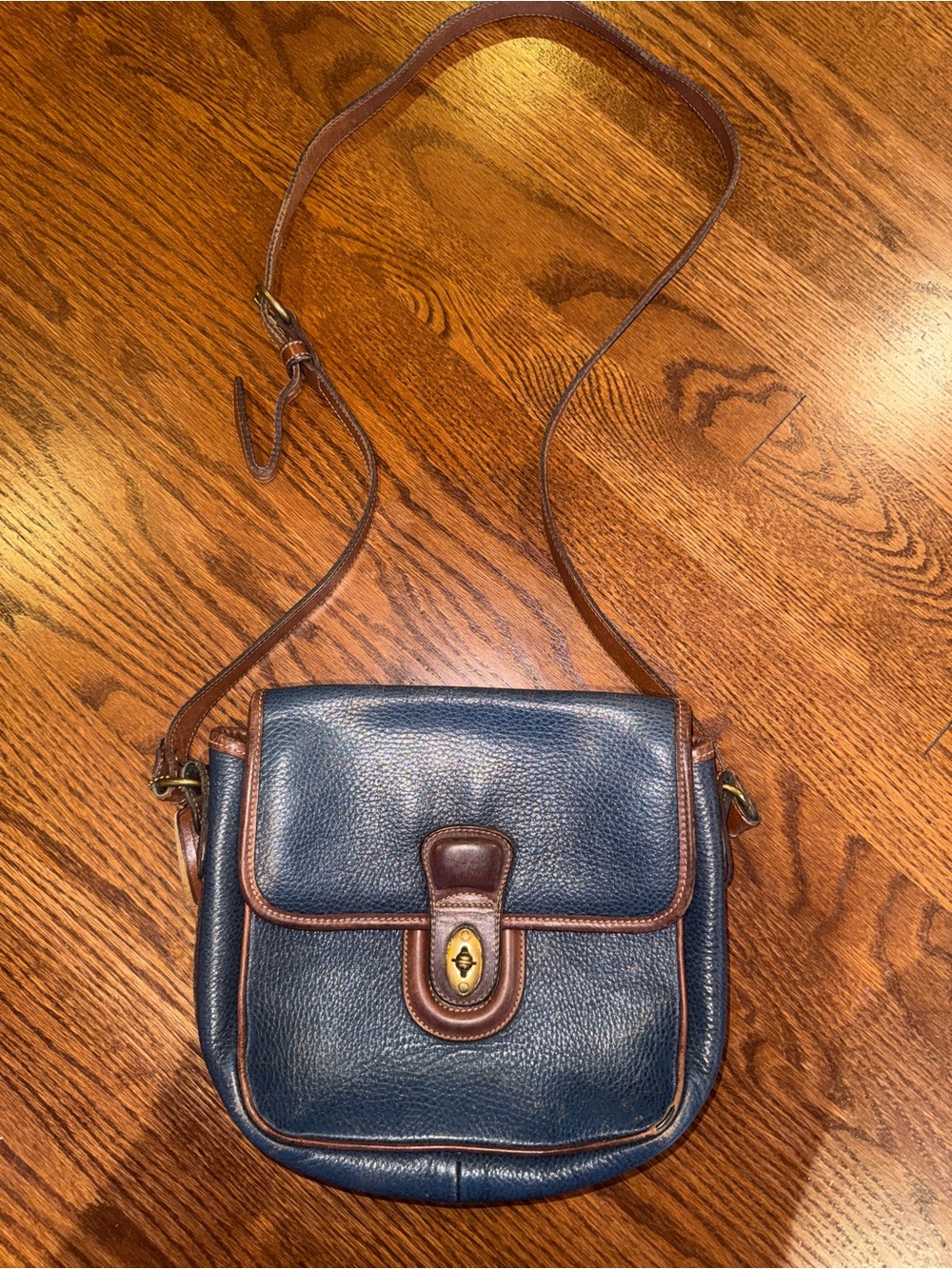 Coach Navy Leather Crossbody with Brown Trim and Turn-Lock